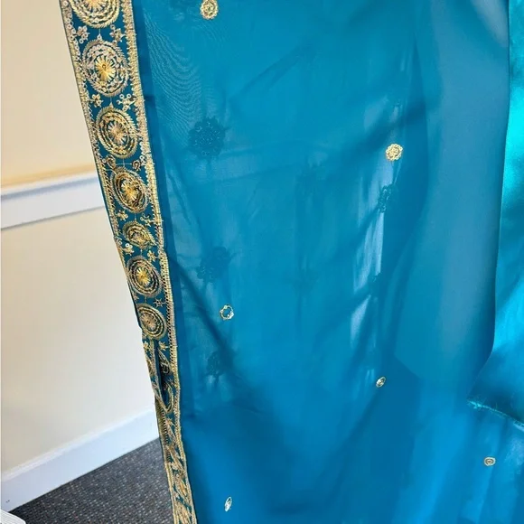 Elegant Teal Embroidered sheer Women's Dress